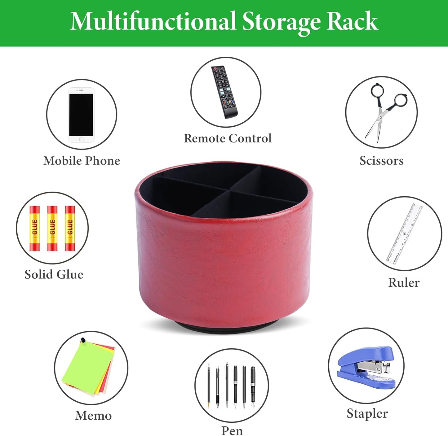 Hennaja Round Leather Art Supply Organizer,Remote Control Holder,360 Degree Spinning,Multi-Functional Pencil Holder,4 Compartments Desktop Stationary Organizer(1-Oil Red)