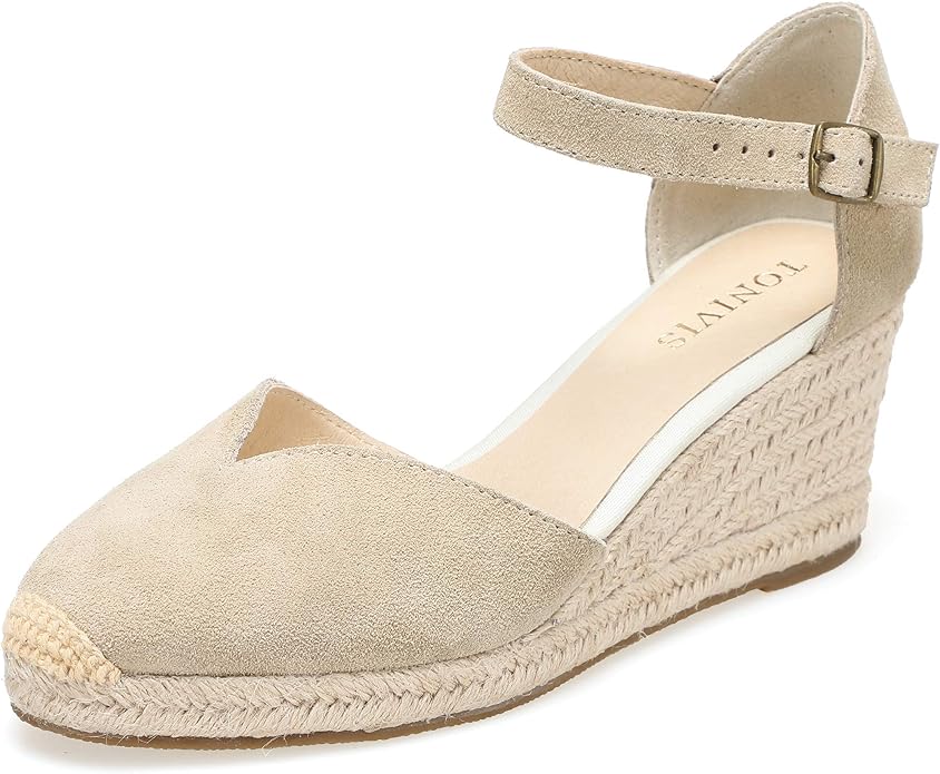 Platform Wedges Sandals for Women, Ankle-Strap, Cap Toe, Summer Espadrilles by TONIVIS