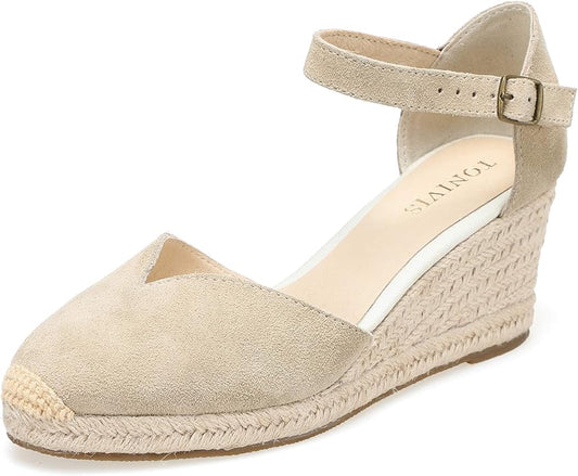 Platform Wedges Sandals for Women, Ankle-Strap, Cap Toe, Summer Espadrilles by TONIVIS