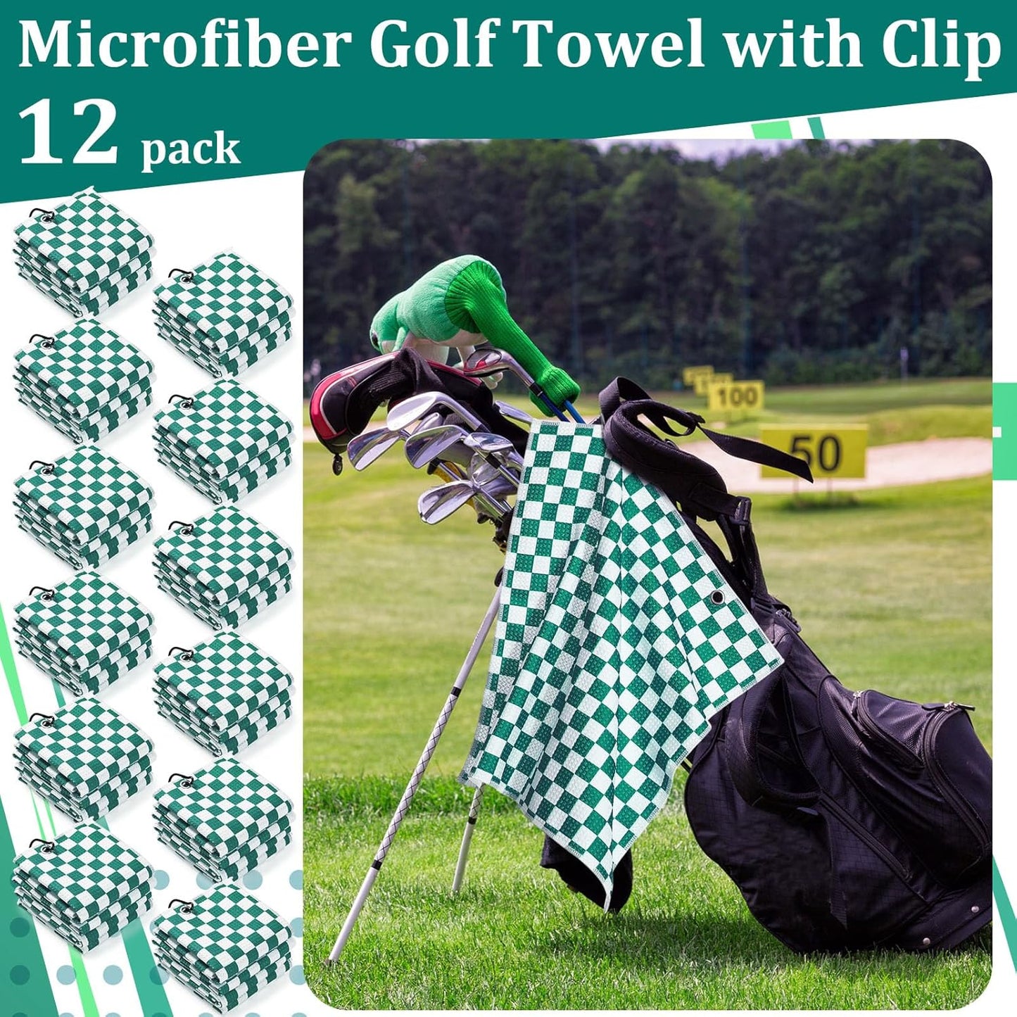 12 Pcs Golf Towels Bulk for Bags Microfiber Waffle Pattern Golf Towel with Clip 16'' x 16'', Ultra Absorbent Quick-Dry, Mini Tournament Yoga Fitness Men's Gifts(Emerald Green)