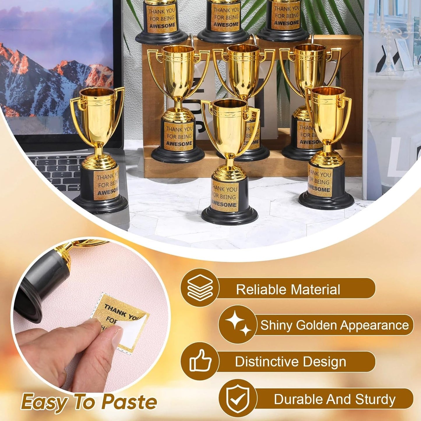 Highergo 24 Pcs Mini Trophies Awards Plastic Gold Trophy Cups Party Favors Adults Metal Trophy with Stickers for School Football Golf Sports Competition Staff Reward Appreciation Gifts
