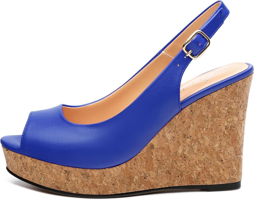 Womens Peep Toe Wedge Heels Matte Fashion Cork Slingback Pumps Platform Wedge - Image 2