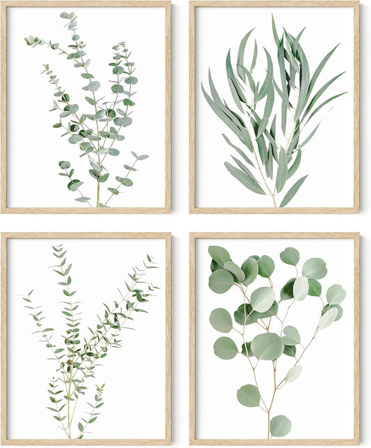 HAUS AND HUES Botanical Plant Wall Art - Set of 4 Prints, Floral Kitchen Decor, Boho Leaf Eucalyptus Wall Art, Green Botanical Poster (Beige Frame, 11x14)