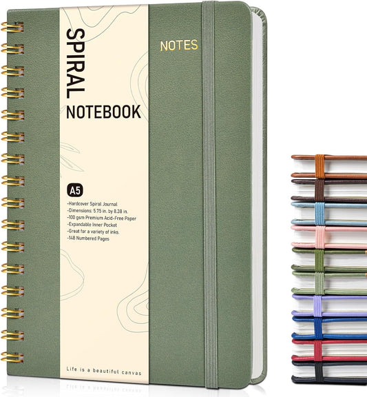 Graph Spiral Journal Notebook, A5 Hardcover Spiral Journals for Women Men, 100 GSM Graph Paper Notebooks, 150 Pages Spiral Bound Grid Notebook for Writing Note Taking Work 5.75" x 8.38", Sage Green