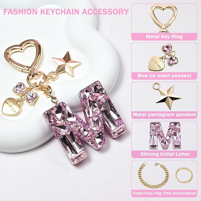 Cute Bling Keychain initial Letter Butterfly Star Pink Purple Gift - Image 2