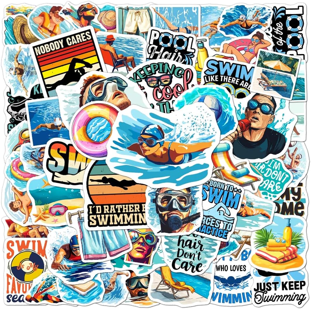 108 PCS Swimming Stickers, Waterproof Vinyl Swim Stickers Pack for Water Bottles, Laptop, Scrapbook, Helmet, Cell Phone, Luggage, Swim Team Gift
