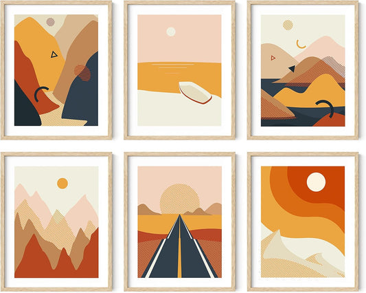 HAUS AND HUES Abstract Minimalist Landscape Wall Art Prints - Set of 6 Modern Aesthetic Mountain Wall Art Posters, Minimal Geometric Nature Paintings, Minimalist Wall Art (Beige Frame, 11x14)