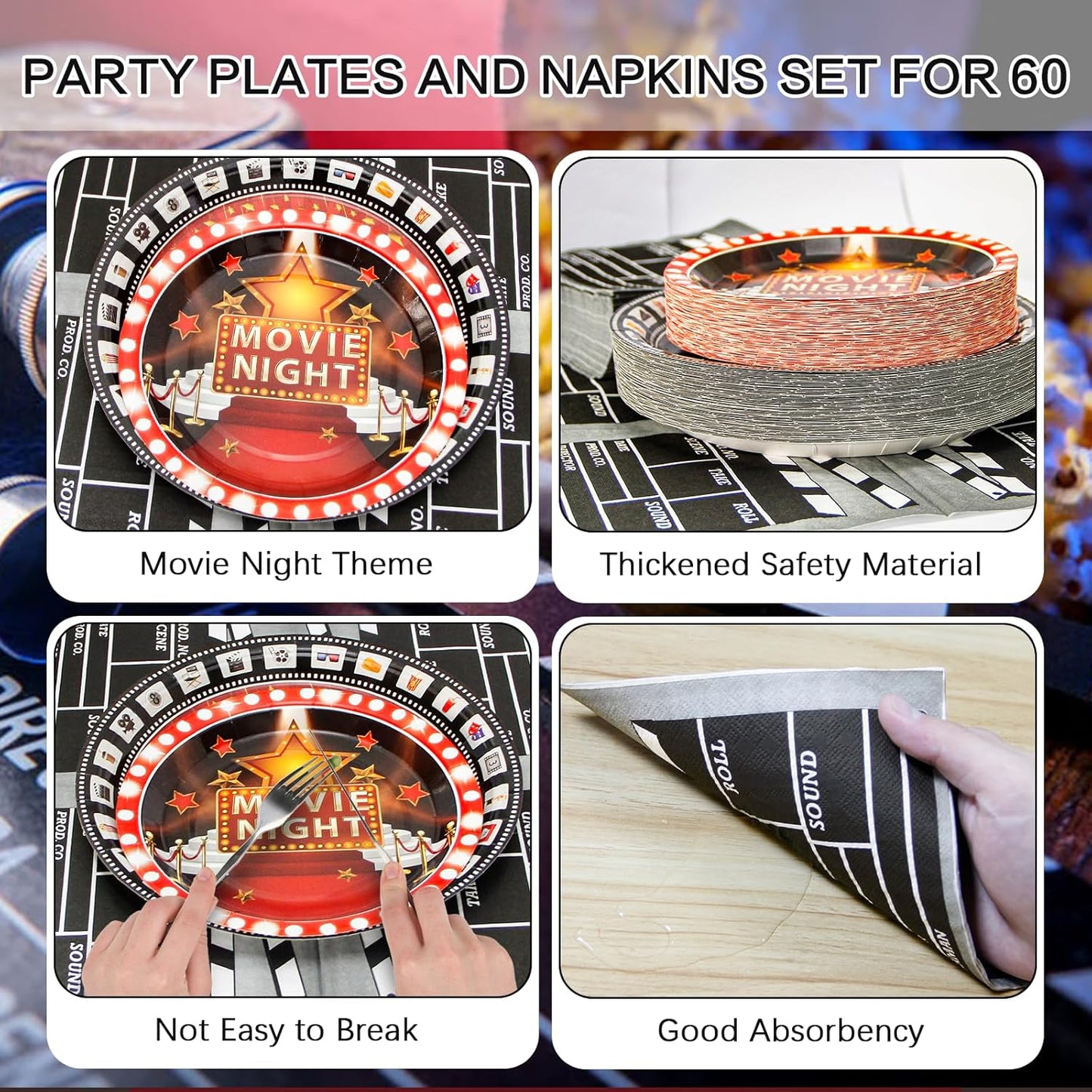 180Pcs Movie Night Party Supplies Paper Plates and Napkins Serve 60 Disposable Tableware Set for Birthday Party Decorations Game Day Family School Holiday Sports Events