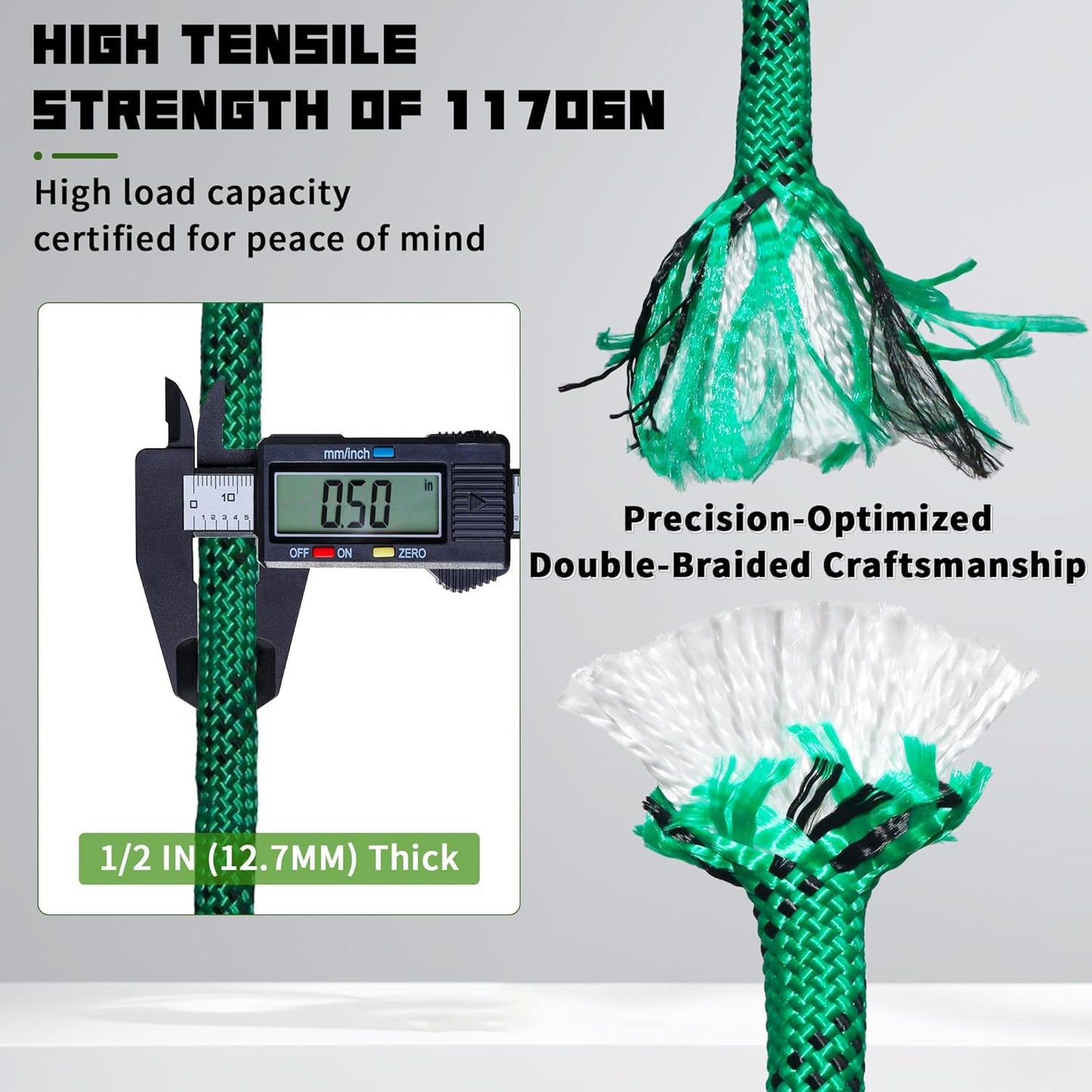 1/2 Inch 150ft Double Braided Polyester Arborist Rope, Heavy Duty Nylon Rope for Anchor, Tree Work, Cargo, Pulling, Sailing (Green)