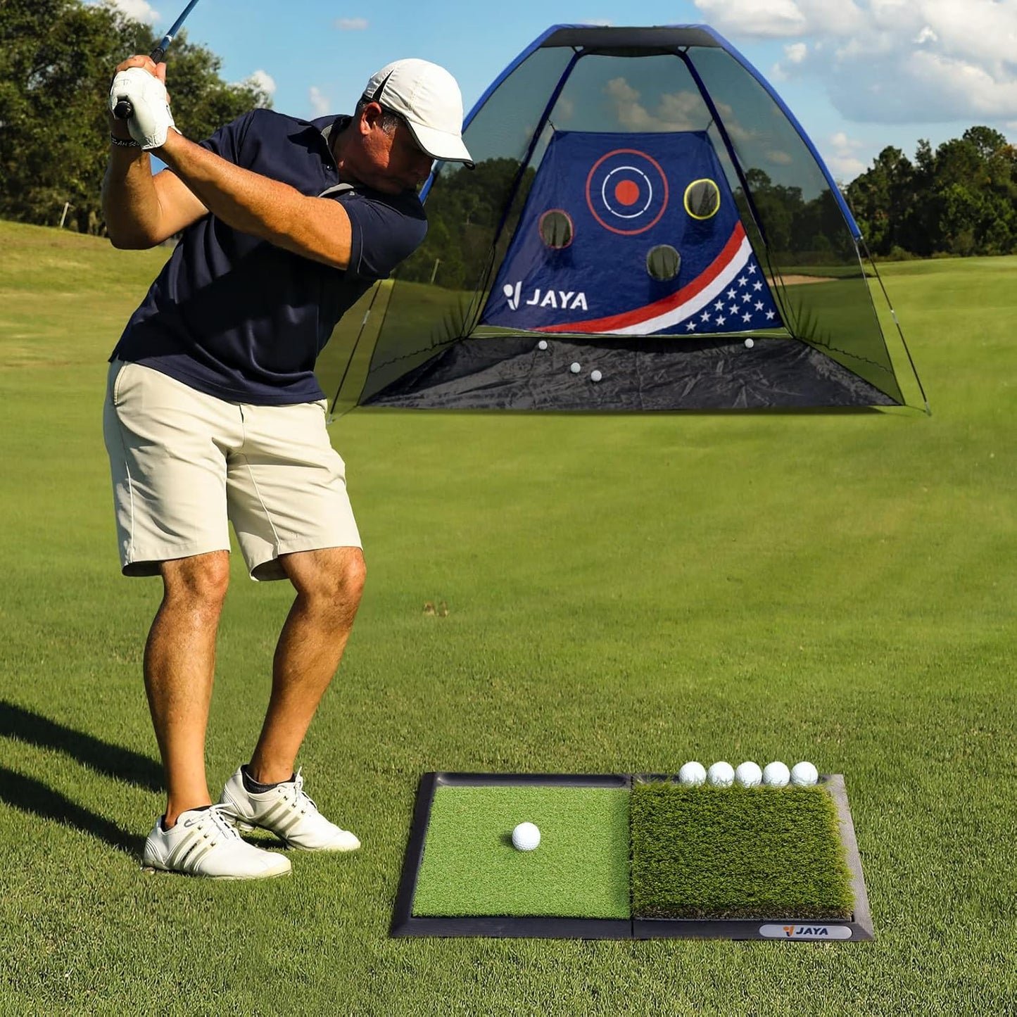 JAYA Golf Hitting Mat with Heavy Rubber Base, Foldable Golf Practice Mat for Indoor and Outdoor Training, Fairway & Rough Turf for Swing and Chipping