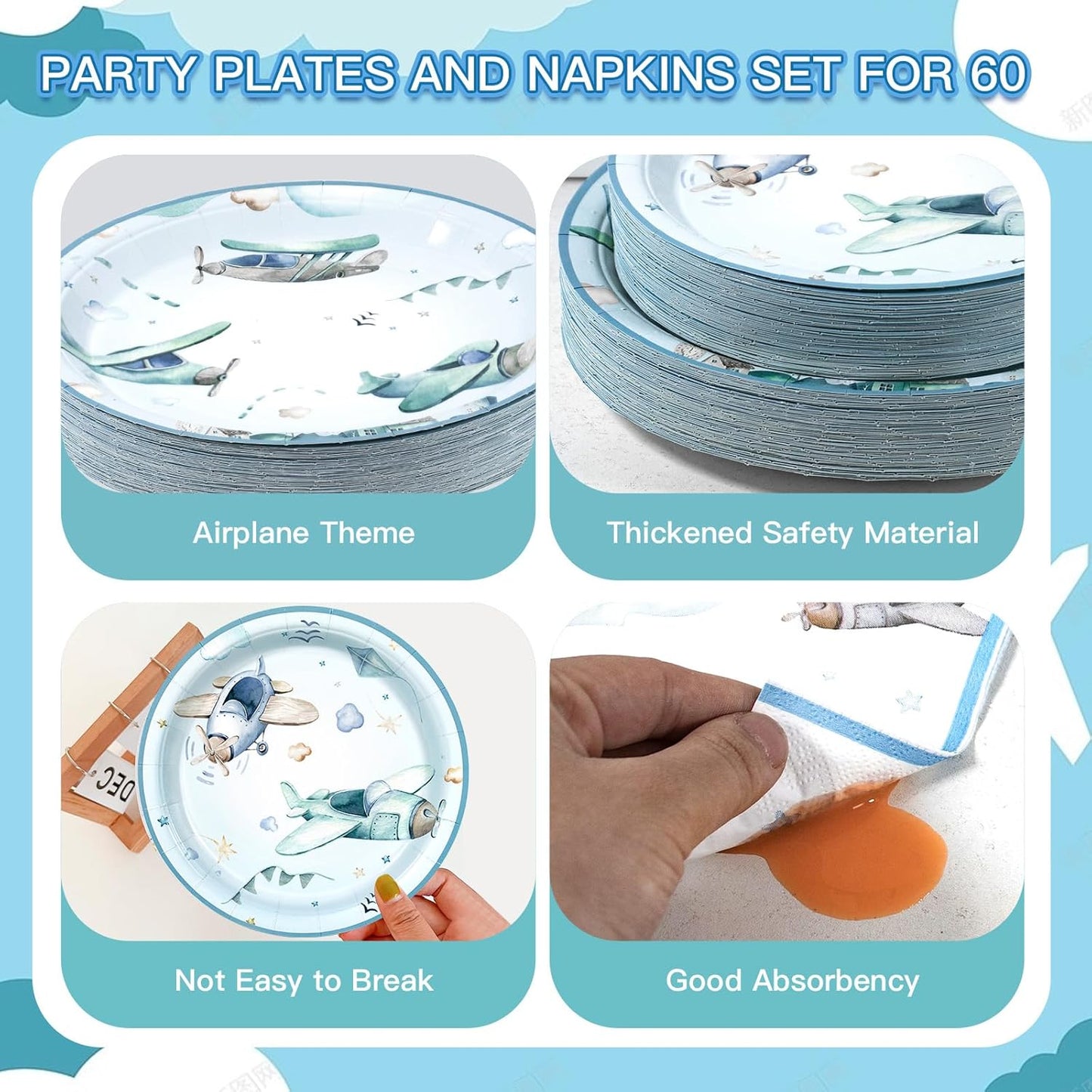 180Pcs Airplane Baby Shower Party Supplies Paper Plates and Napkins Serve 60 Disposable Tableware Set for Birthday Party Decorations Game Day Family School Holiday Sports Events