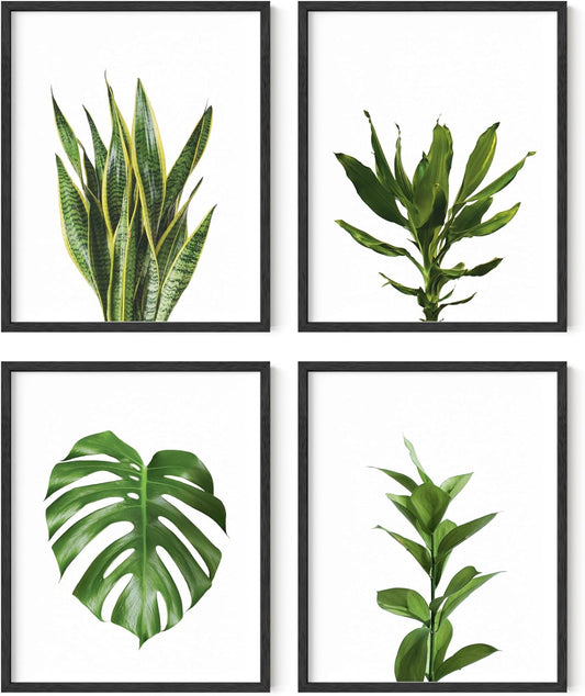 HAUS AND HUES Plant Wall Art - Set of 4 Plant Pictures and Green Wall Art Collection, Botanical Prints, Sage Green Leaves Paintings For Wall, Minimalist Poster (Black Frame, 8x10)