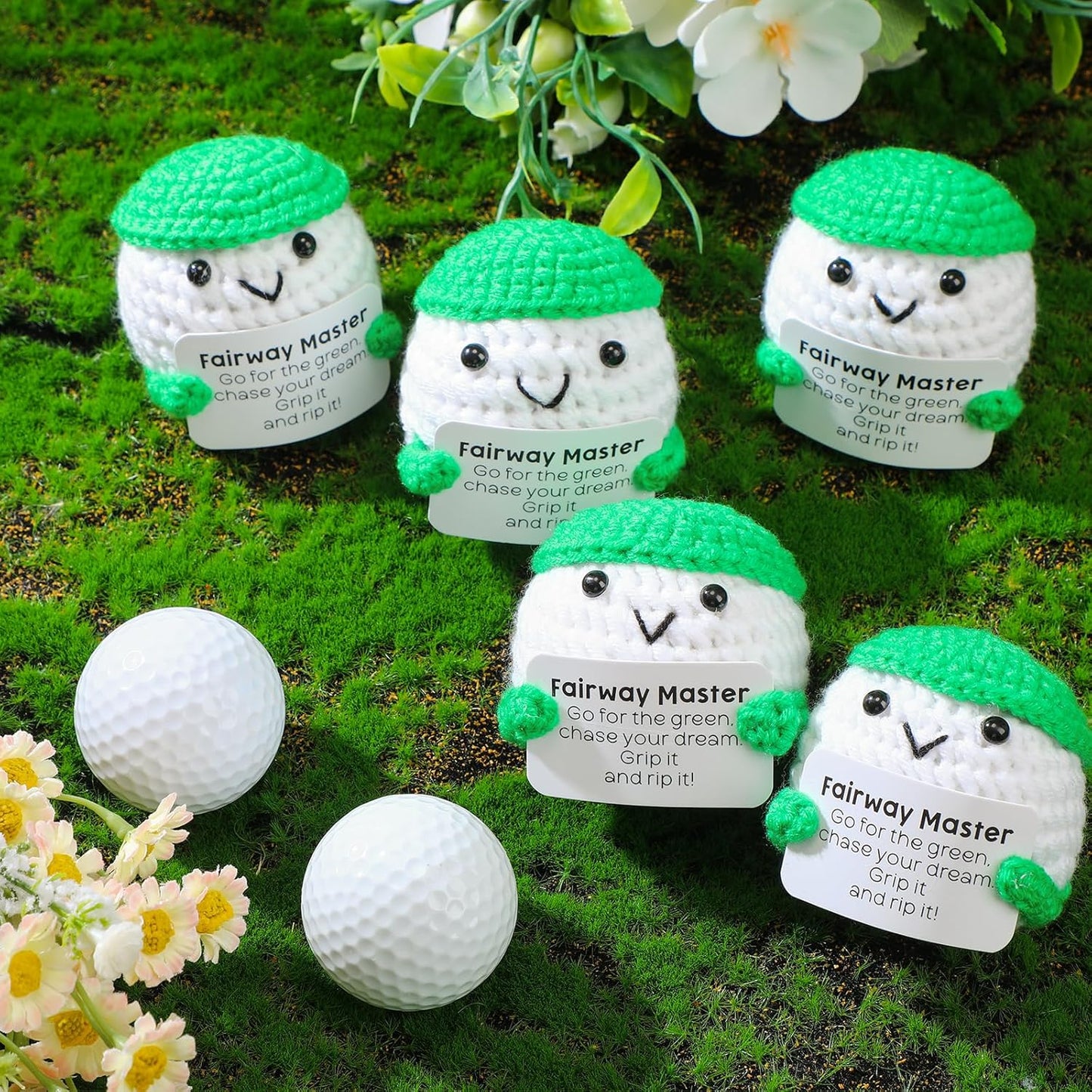 12pcs Funny Golf Gifts for Team Bulk Golf Balls with Motivational Cards Positive Handmade Mini Crochet Team Gift for Coach Women Men Coworker Birthday Christmas Party Favors