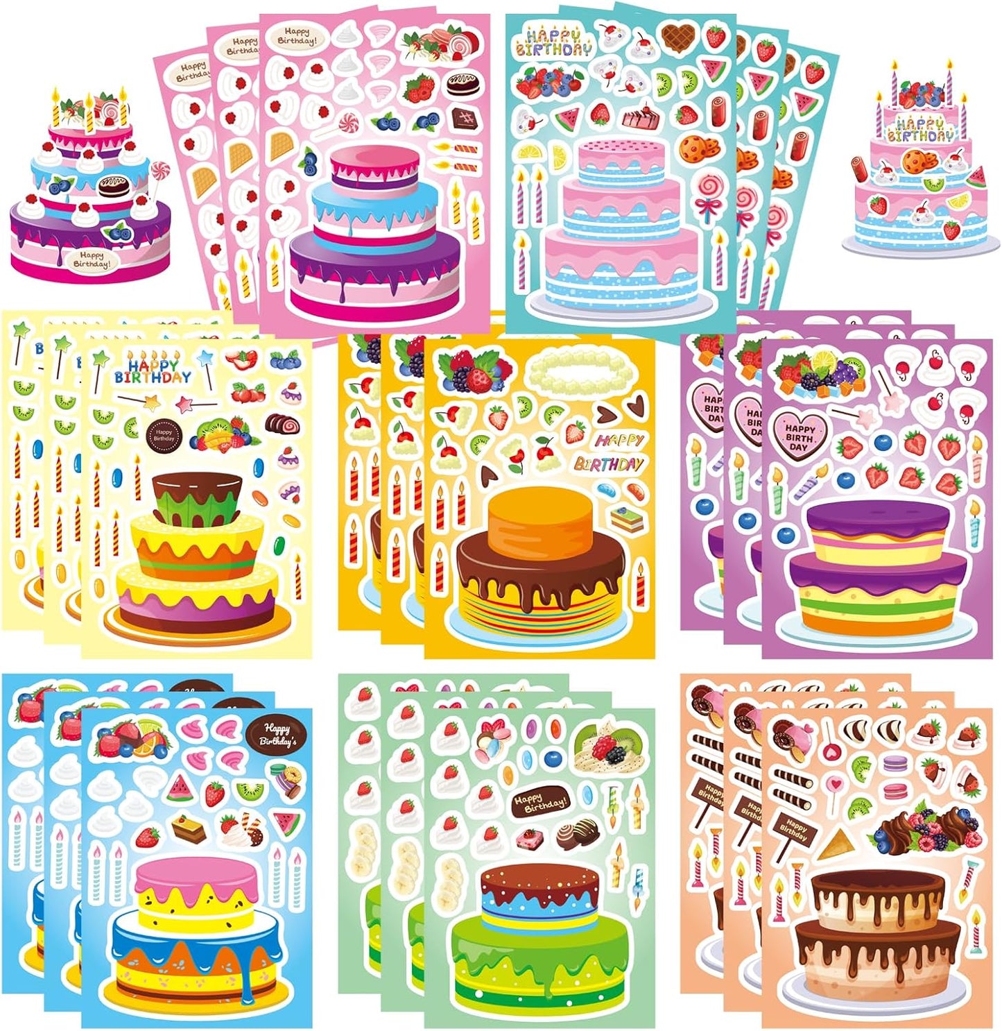 24 Sheets Birthday Stickers, Make-a-Cake Sticker for Kids Make Your Own Birthday Cake Stickers with Fruit Candy Candle, Happy Birthday Sticker Classroom Teacher Reward Stickers, Birthday Gift for Kids