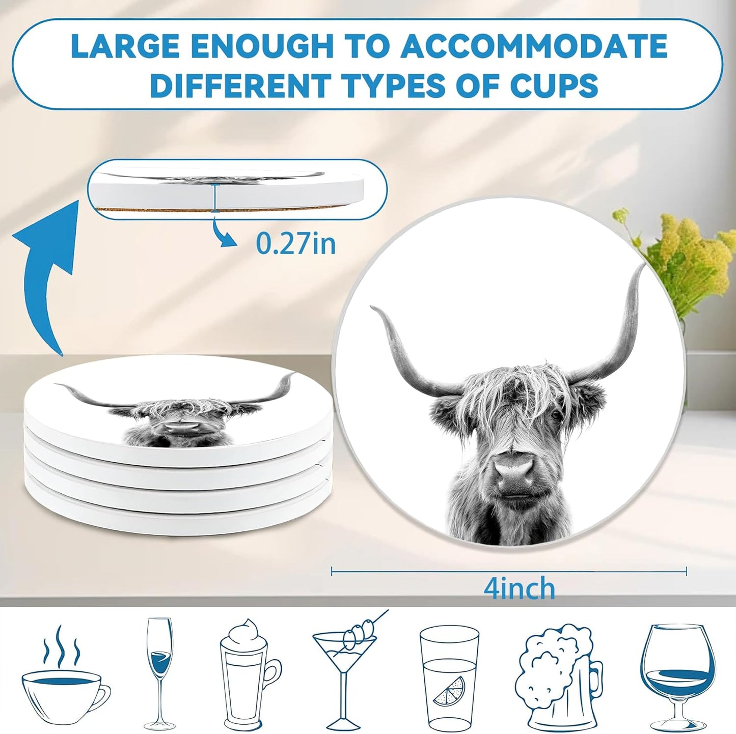 Highland Cow Coasters Set of 4, Absorbent Ceramic Drink Coasters with Cork Backing, Western Theme Coasters for Table Home Décor, Ideal Gifts for Women Men