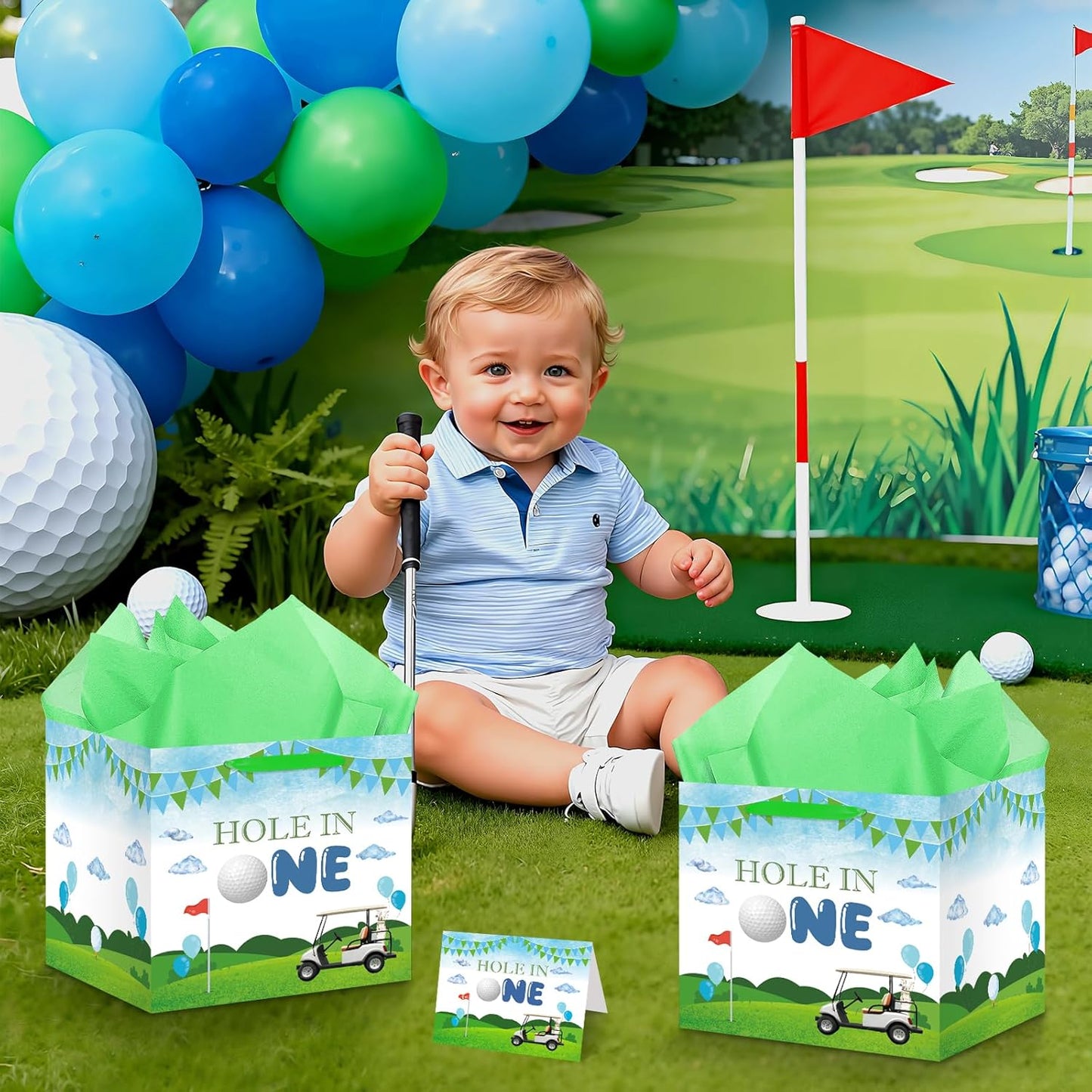 Hole in One Birthday Decorations Extra Large Hole in One Gift Bag Christmas Jumbo Golf First Party Bag Green 1st Bag with Card and Papers for Boys Girls Newborn Baby Shower One Year Old Themed Bday Party Supplies
