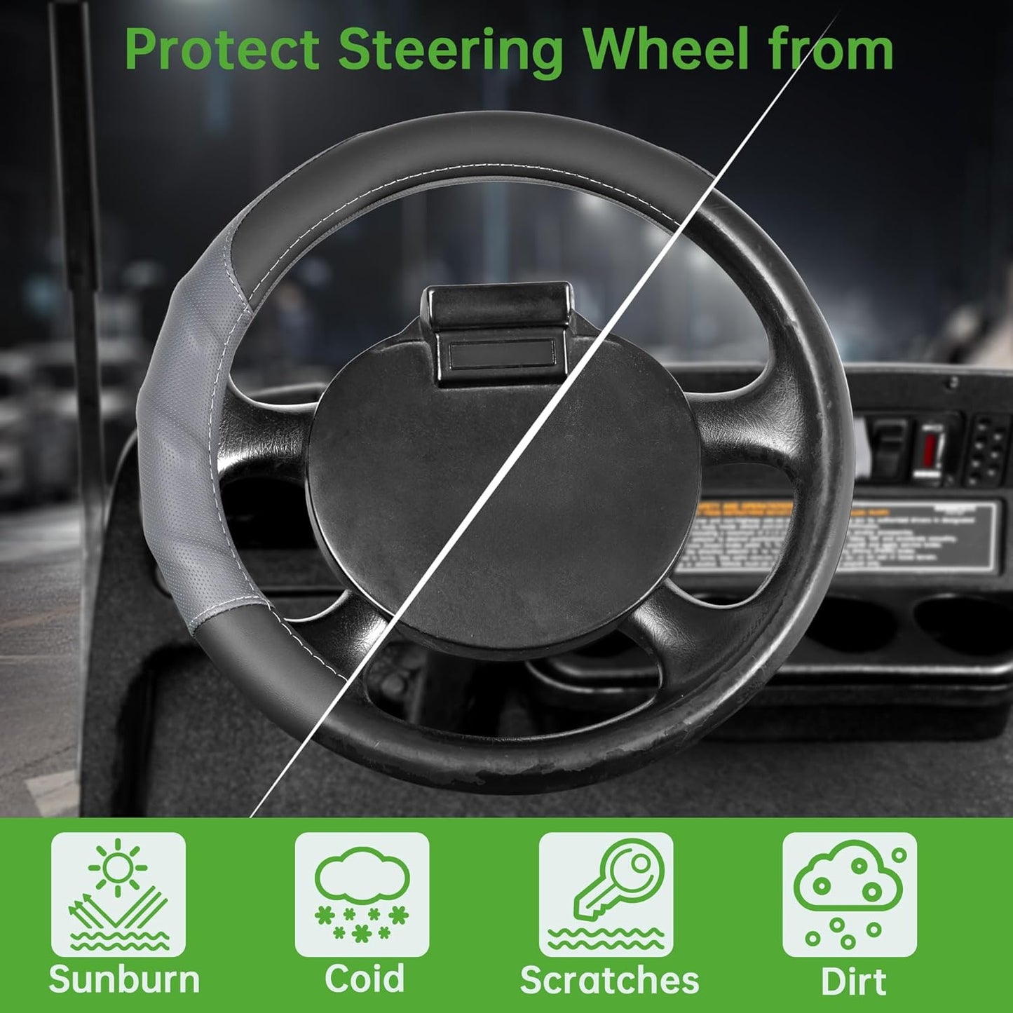 10L0L 13 Inch Golf Cart Steering Wheel Cover for EZGO TXT RXV, Anti Slip PU Leather & Comfortable Grip Feeling-Black Grey