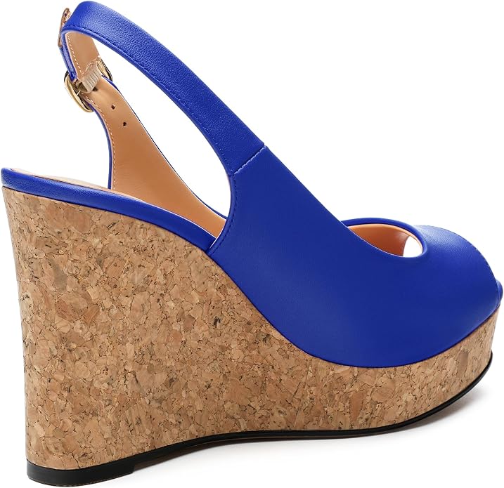 Womens Peep Toe Wedge Heels Matte Fashion Cork Slingback Pumps Platform Wedge - Image 5
