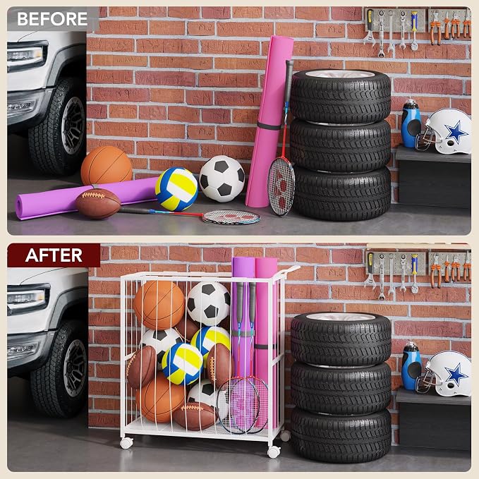 Ball Storage Bin Rolling Sports Ball Cart, Metal Garage Organizer Sport Rack - Image 7