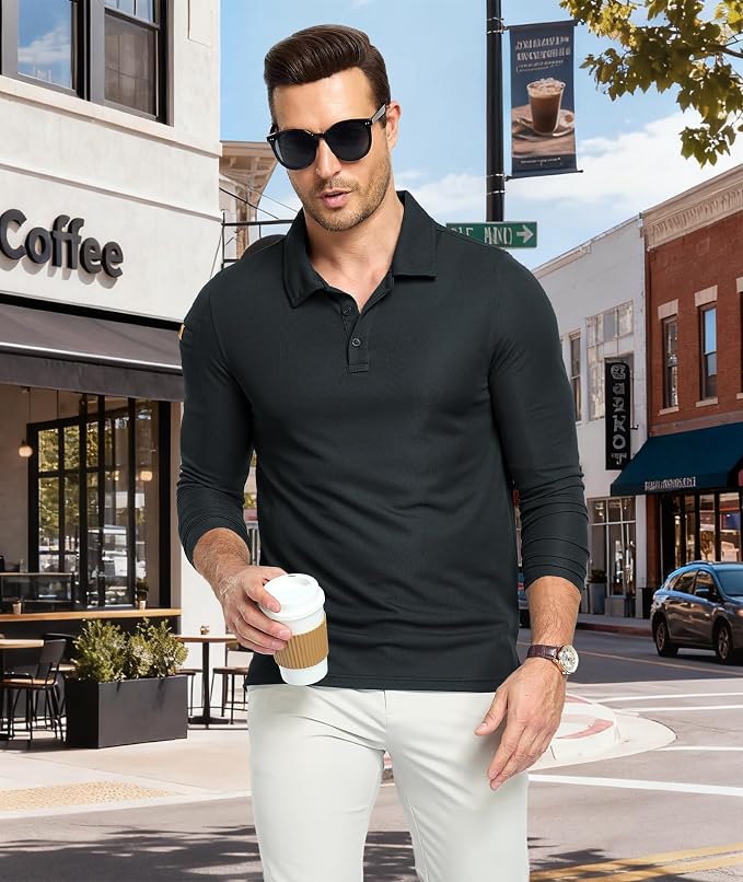 Men's Long Sleeve Polo Shirts 3 Button Down - Image 2