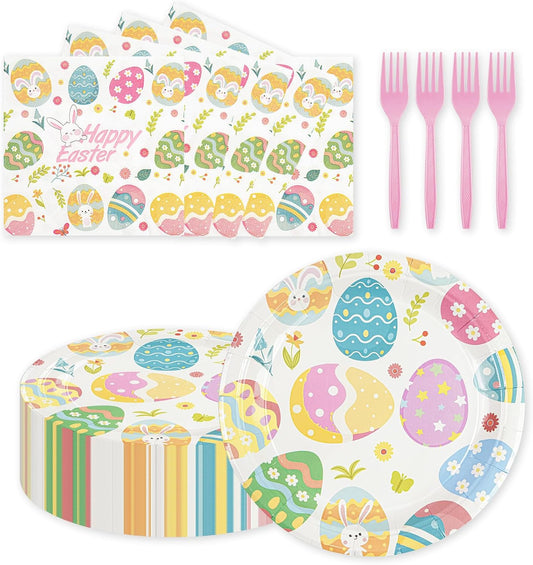 75PCS Easter Paper Plates and Napkins - Easter Eggs Themed Tableware Set Include 7inch Paper Plates Napkins Forks Disposable Decoration Supplies for Kid's Birthday Party, Serve 25