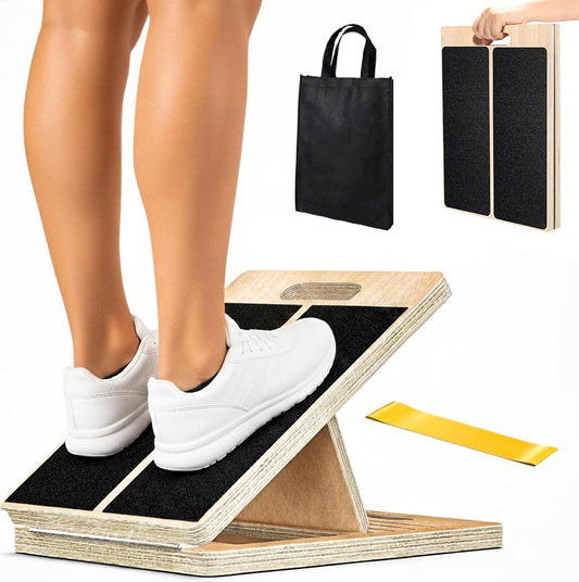 Adjustable Wooden Slant Board for Calf Stretching, Squats & Physical Therapy – Portable Incline Stretch Board for Ankle, Knee, Heel & Foot Mobility with 2 Extra Sand Papers, Carry Bag & Mini Loop Band