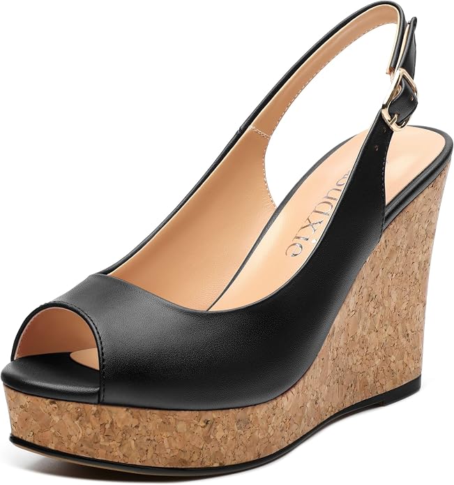 Womens Peep Toe Wedge Heels Matte Fashion Cork Slingback Pumps Platform Wedge by zasudxie