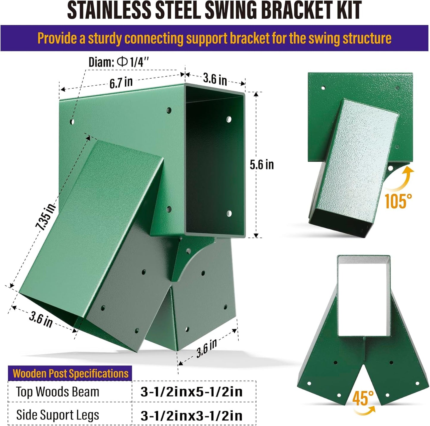 Hulave 2pcs A-Frame Swing Set Brackets, 201 Stainless Steel Swing Bracket Kit with Mounting Accessories(Green)