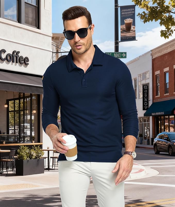 Men's Long Sleeve Polo Shirts 3 Button Down - Image 2