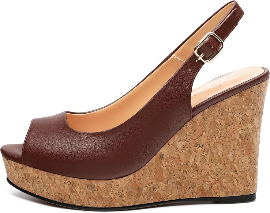 Womens Peep Toe Wedge Heels Matte Fashion Cork Slingback Pumps Platform Wedge - Image 2