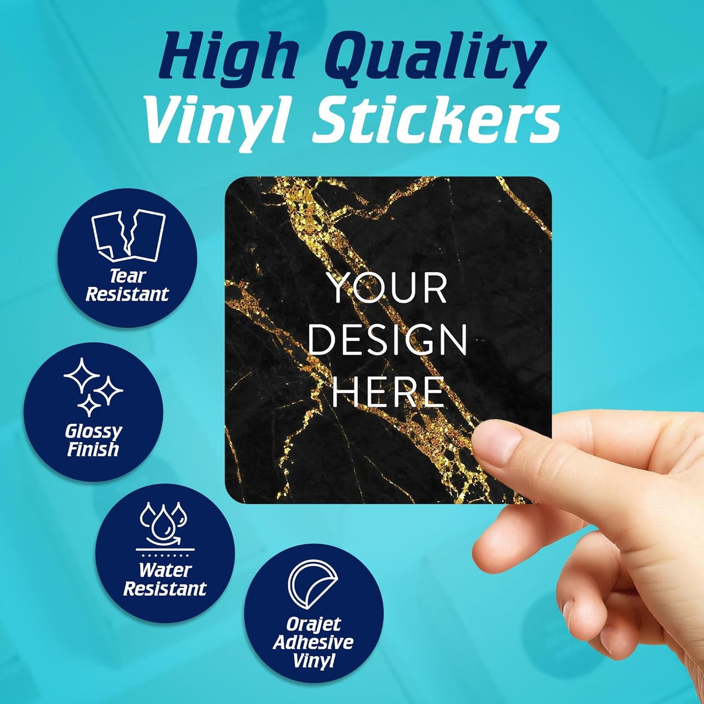 100 Custom Vinyl Stickers - Upload Your own Image, Text, Design, Logo - Personalized Logo Labels for Handmade, Packaging, Bottle, Jars, Candle, Brand Stickers (Black Gold Marble, 5x5 Square)