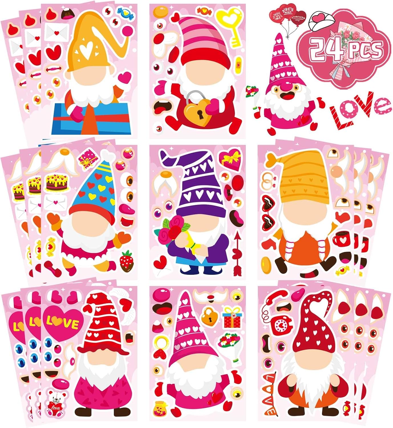 24 Sheets Valentine Stickers for Kids Make a face Sticker, Valentines Day Stickers Make Your Own Valentine Gnome Stickers Valentine' s Day Themed Party Favors Supplies