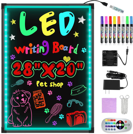 Hosim LED Message Writing Board, 28”x 20" Neon Signs Chalkboard Menu Board, 16 Colors Light Board, LED Drawing Sign Board, LED Note Board with Colors for Christmas Display Light Up Sign