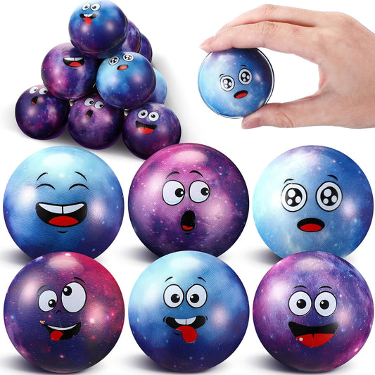 12 Pcs Mini Face Stress Balls for Boys Girls Sport Funny Face Squeeze Foam Balls for Stress and Anxiety Relief for Party Favors Birthday Gift Decoration(Galaxy,1.97")