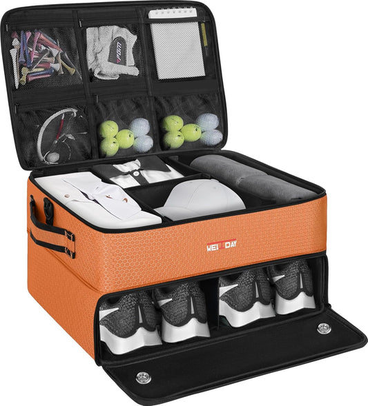 ANILD Golf Trunk Organizer, 2 Layer Golf Storage Case with Separate Ventilated Compartment for 2 Pair Shoes, for Balls, Tees, Clothes, Gloves, Accessories, Golfer Gifts