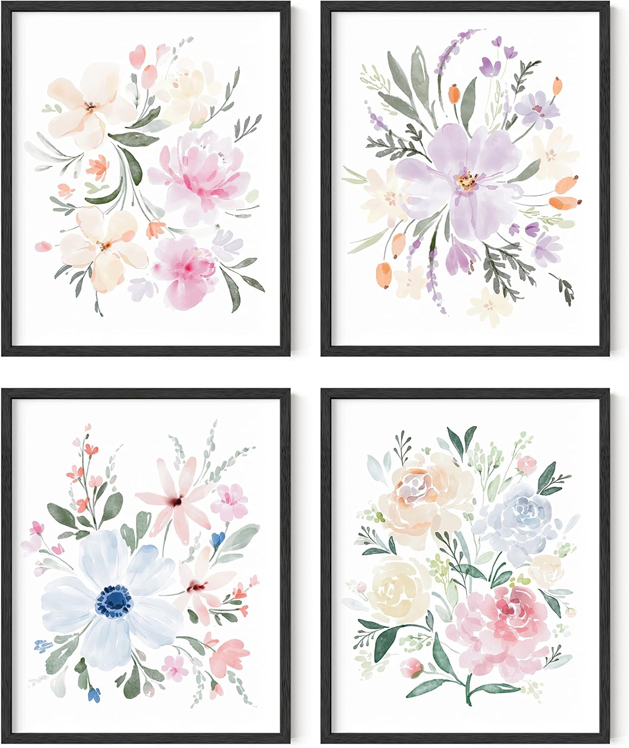 HAUS AND HUES Flower Wall Decor - Set of 4 Floral Wall Art, Framed Bouquet Pictures for Living Room, Bedroom, and Kitchen, Flower Pictures Wall Decor (Framed Black, 8x10)
