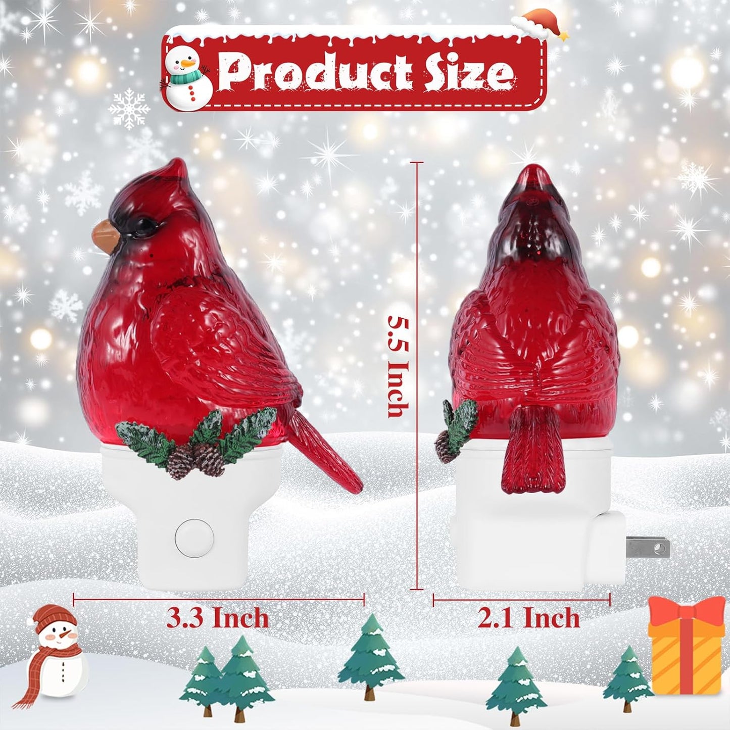 2 Pack Christmas Cardinal Night Light Plug into Wall Glitter Water Nightlight with USB/Outlet Options, Christmas Decorative Nightlight for Bedroom Kitchen Nursery Holiday Decorations Gifts (Cardinal)