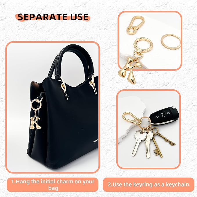 Gold Bubble Heart, Bow & More Designs Letter Initial Keychain Bag Charms – Cute - Image 2