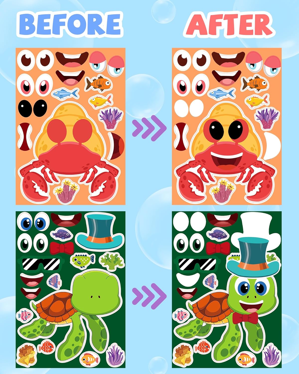 24 Pcs Make Your Own Sea Animal Sticker Sheets for Kids with Animal Party Favors Face Stickers for Toddlers Crafts Activities Gift Bags Birthday Party Favors for Kids