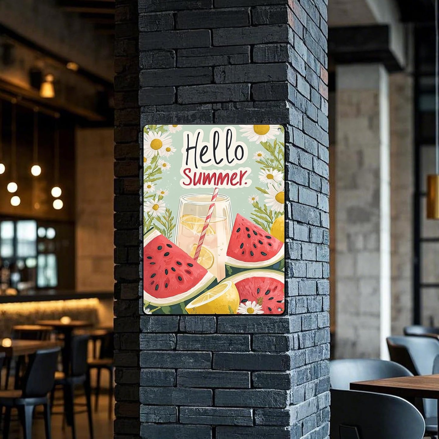 Hello Summer Vintage Tin Sign Watermelon Summer Decor Funny Wall Decor for Home Cafes Office Club 12x16 Inch