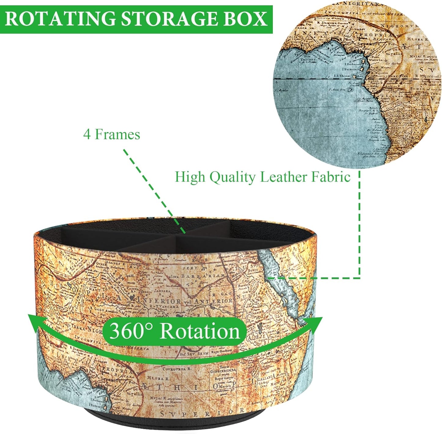 Hennaja Round Leather Art Supply Organizer,Remote Control Holder,360 Degree Rotating,Multi-Functional Pencil Holder,4 Compartments Desktop Stationary Organizer(1-Vintage Map)