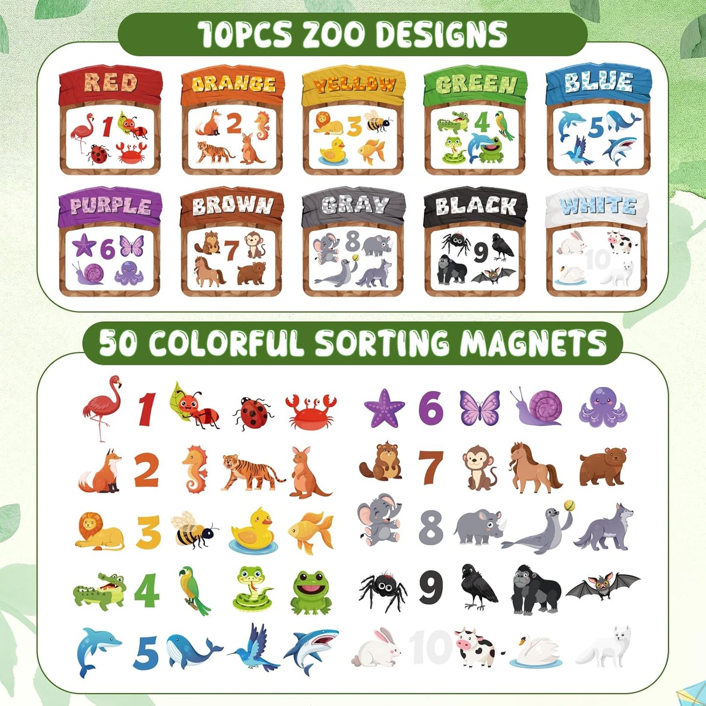 10Pcs Magnetic Color Sorting Set 60 Fridge Magnets for Kids, Cute Animal Refrigerator Magnets for Kids Early Education Color Sorting Shape Matching