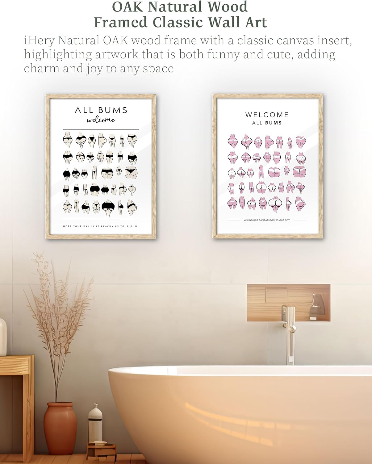 iHery Natural OAK Walnut Color Wood Nice Bum Framed Wall Art, 12x16in All Bums Are Welcome Pink Nice Butt Bathroom Wall Art, Canvas Funny Cute Bathroom Sign Wall Decor For Toilet Set of 1 Gift