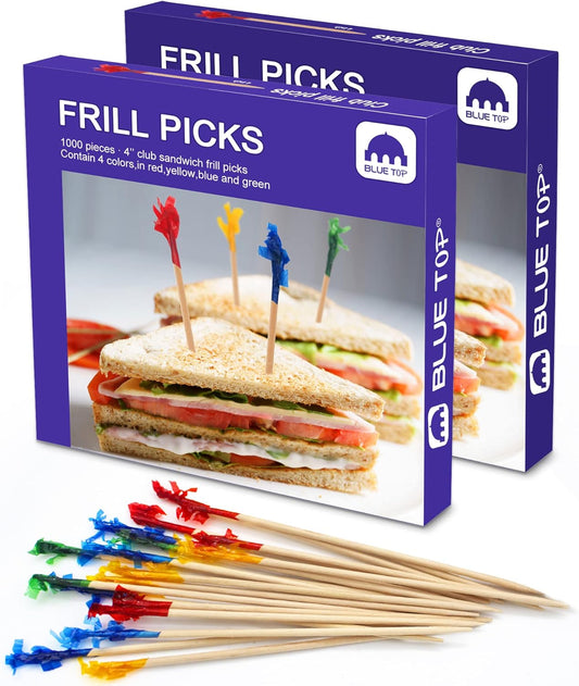 BLUE TOP Wood Frill Picks Toothpicks 4 Inch Value Pack 2000pcs, Wood Frill toothpicks decorative Cocktail Party Toothpicks for Fruit,Appetizers,Club Sandwiches,Great for Valentine's Day and Parties.