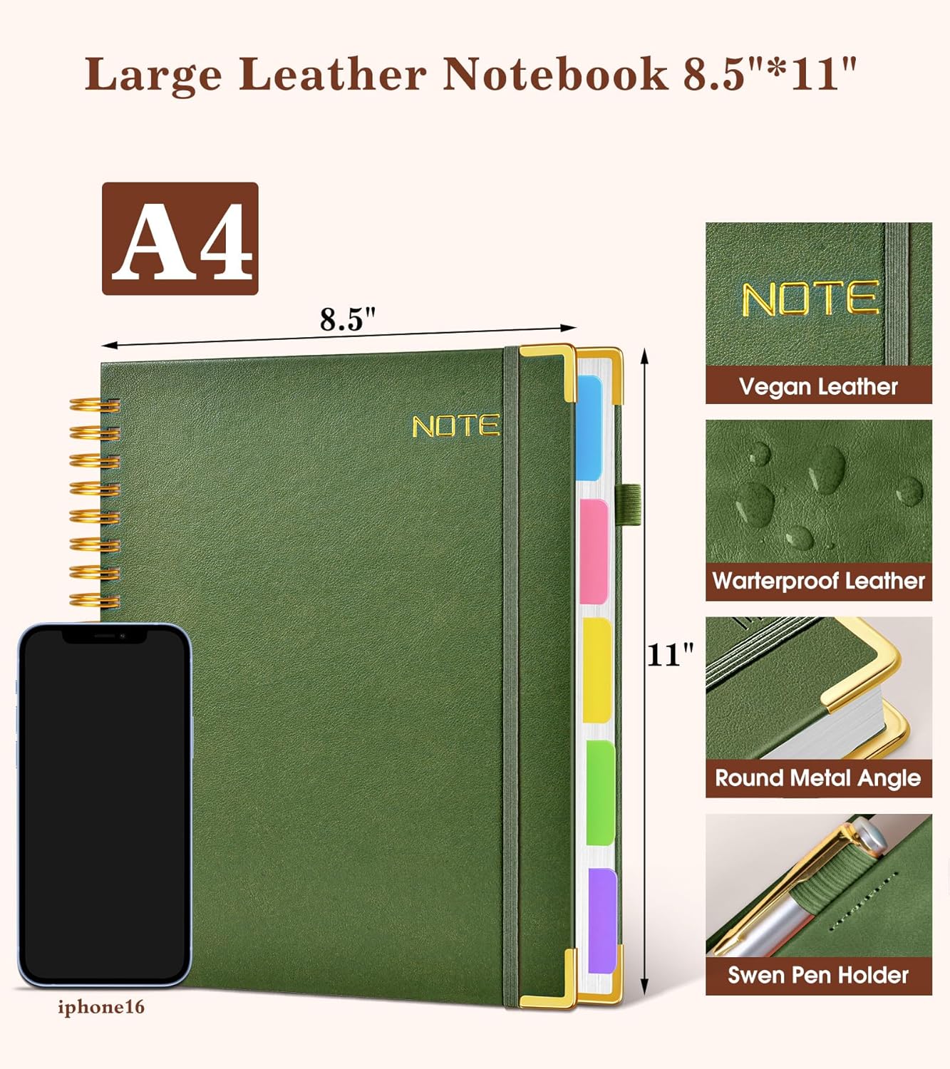 Hardcover Large Spiral Notebook 8.5" x 11" with Removable Dividers Tabs, 300 pages Leather 5 Subject Notebook College Ruled, A4 Journal for Women Men, Notebooks for Work School Note taking, Green