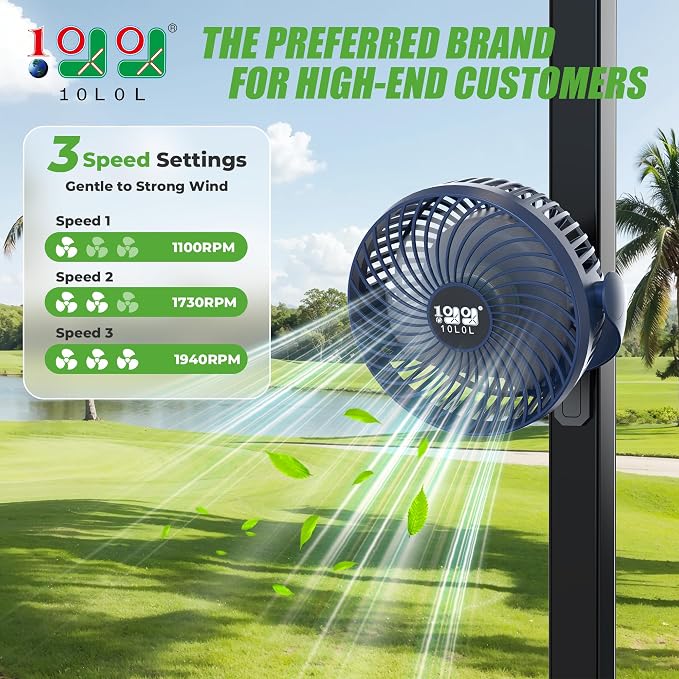 10L0L Golf Cart Fan with Magnetic Mount & 56Hrs Runtime - 8000mAh Battery - Image 2
