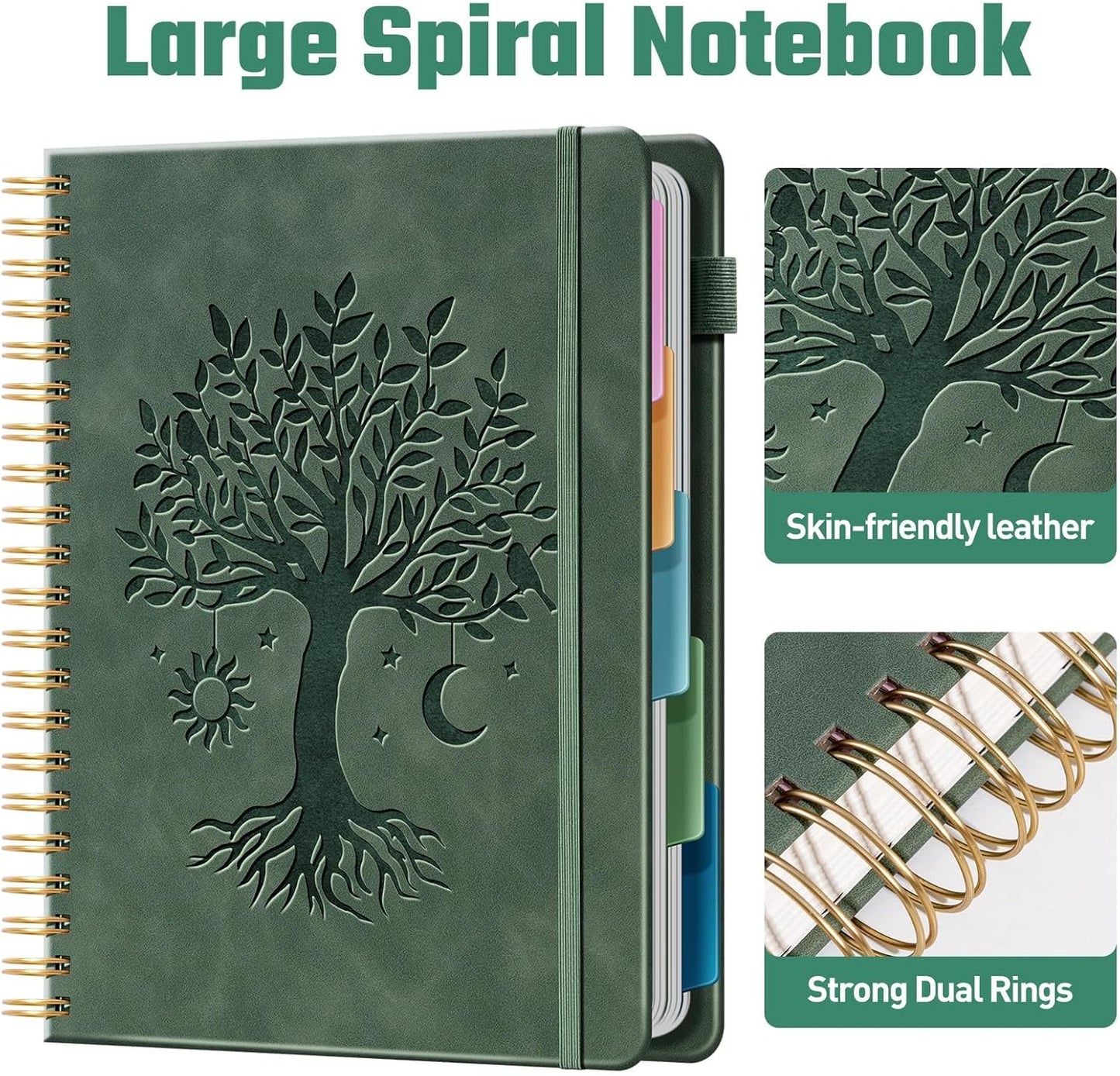 Hardcover Spiral Notebook 8.5" x 11" with 5 Removable Dividers 300 Pages Leather 5 Subject Notebook College Ruled 100GSM Large Spiral Notebooks for Work Thick Lined Journal for Women, Green