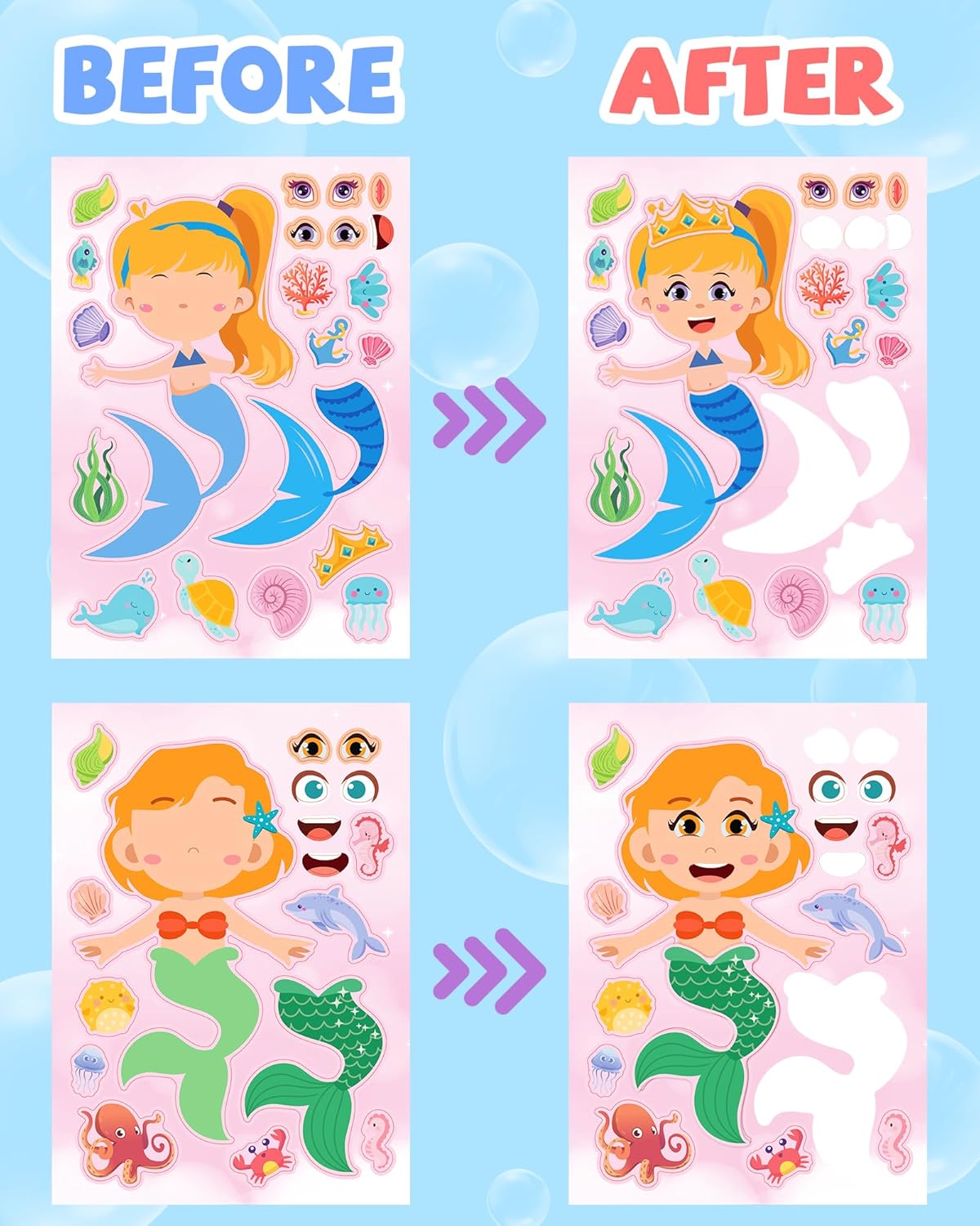 24 Pcs Make Your Own Mermaid Sticker Sheets for Kids with Mermaid Face Stickers for Toddlers Crafts Activities Gift Bag Stuffers Birthday Party Favors for Kids