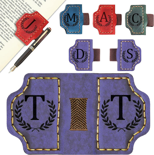 Bygone Mark Bookmark with Pen Holder, 26 Letters Name Initial Personalized Magnetic Bookmarks, Leather Book Mark for Men Women, Travelers Accessories, Teachers Readers Book Lovers Gifts (Purple, T)