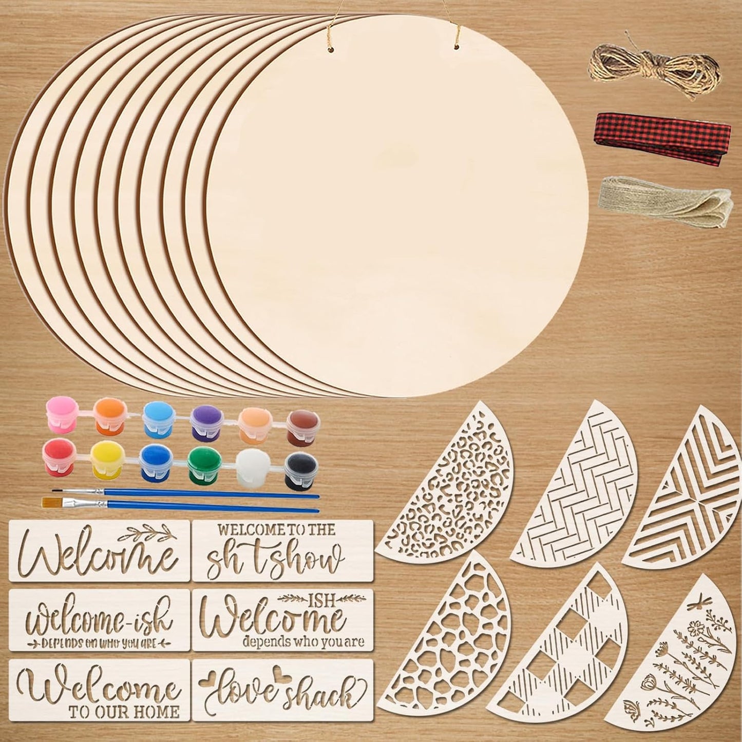 12 Inch Wood Circles for Crafts, 10Pcs Unfinished Wood Rounds with 12Pcs Welcome Stencils & 12Pcs Painting, DIY Wooden Crafts for Door Hanger, Wood Burning, Painting, Christmas Thanksgiving Day Decor